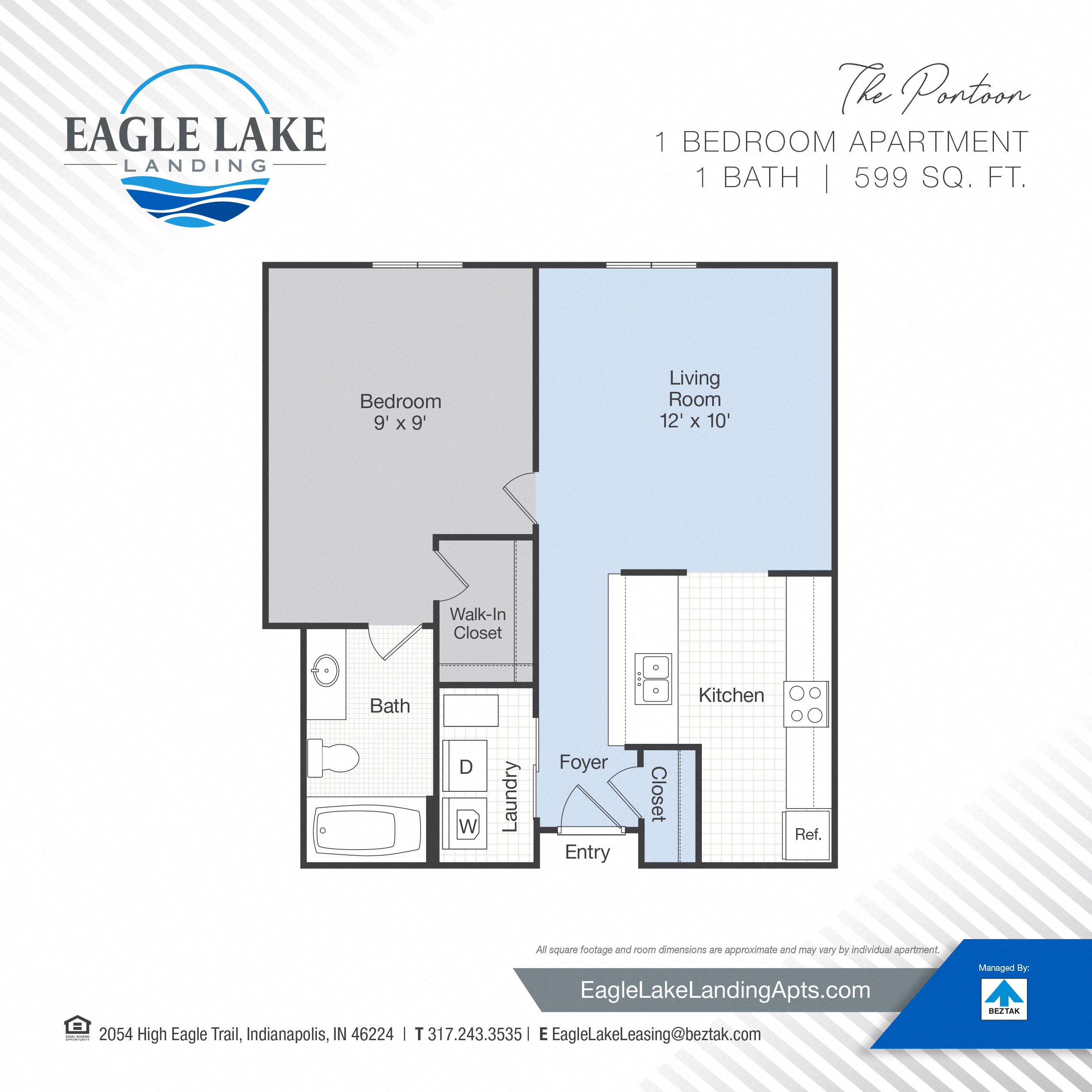Floor plan for 1 bed, 1 bath, 599 sqft